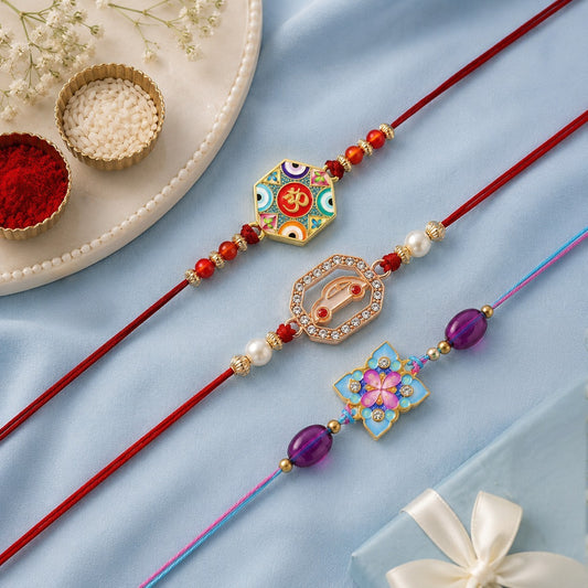 Om, Car, Floral Rakhi Combo Set