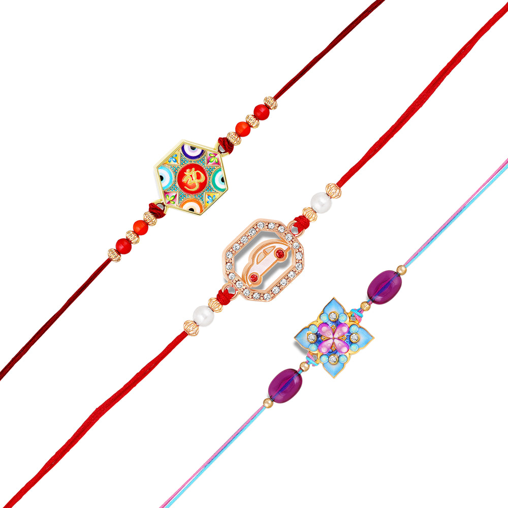 Om, Car, Floral Rakhi Combo Set