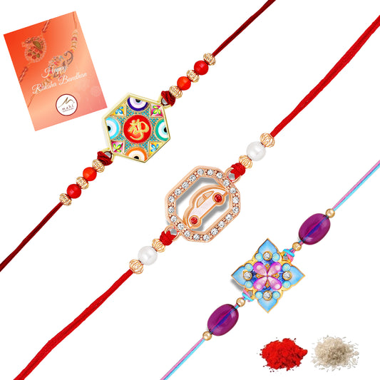 Om, Car, Floral Rakhi Combo Set