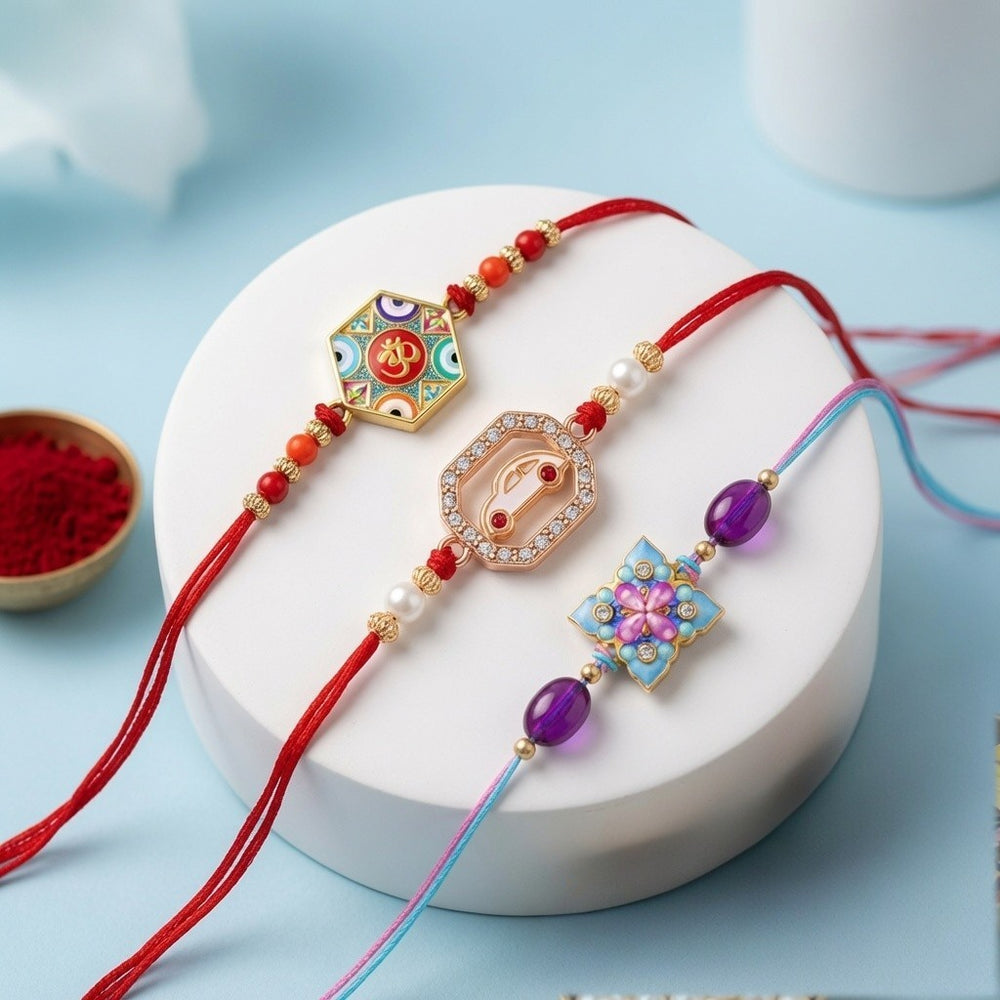 Om, Car, Floral Rakhi Combo Set