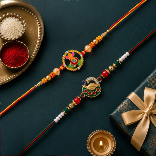 Ganesh Ji and Peacock shaped Rakhi Combo