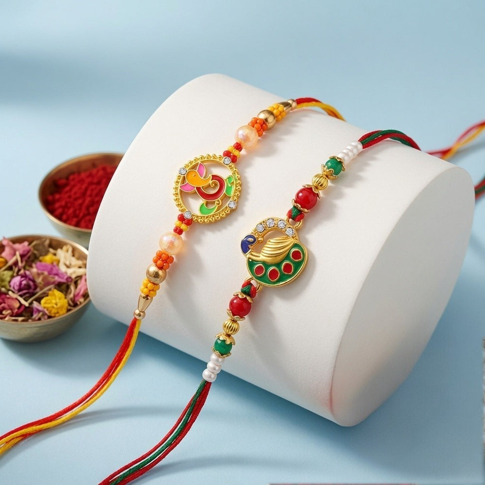 Ganesh Ji and Peacock shaped Rakhi Combo