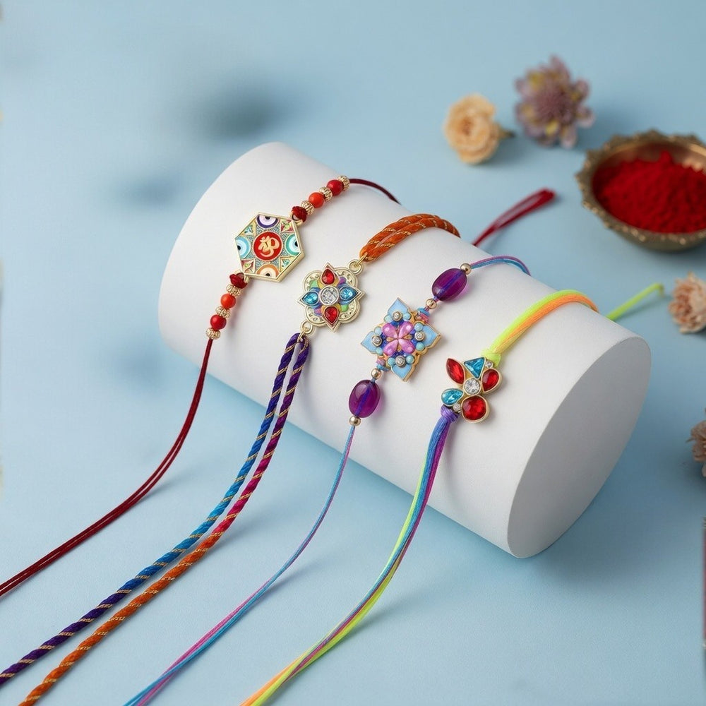 Om, Floral, Stone Rakhi Combo