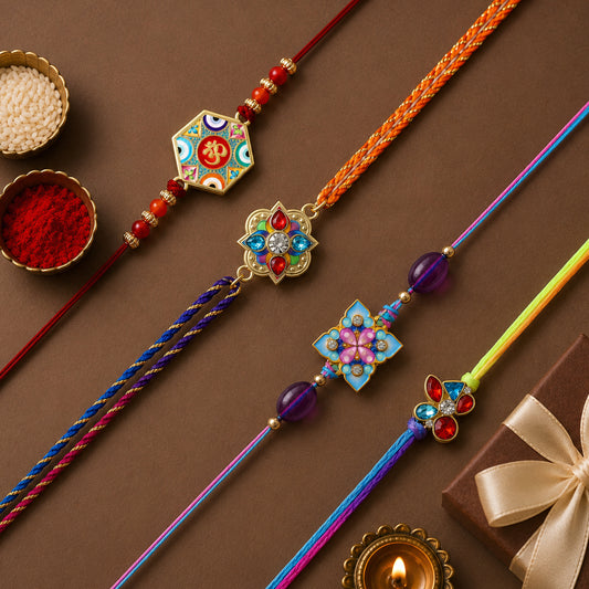 Om, Floral, Stone Rakhi Combo