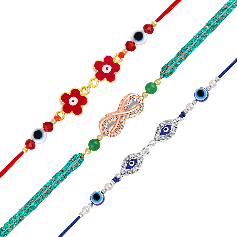 Floral, Infinity, Evil Eye Rakhi Combo