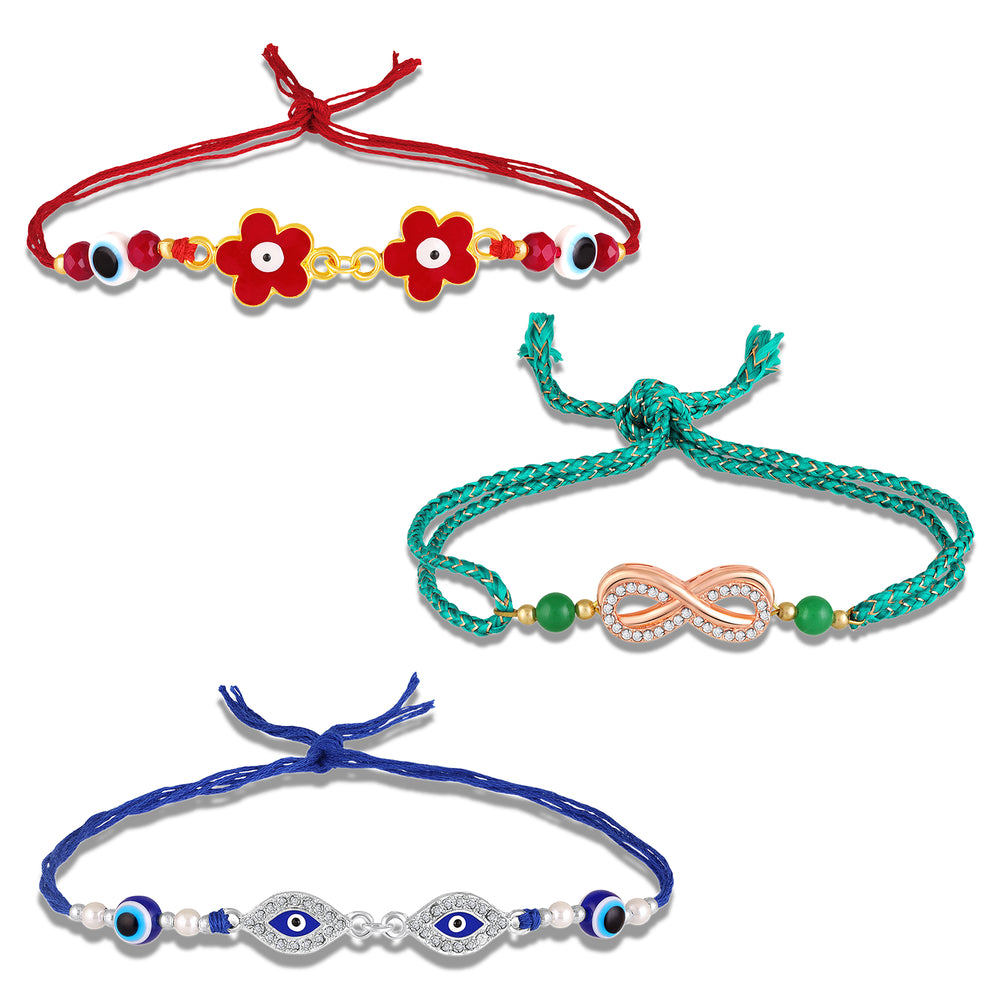 Floral, Infinity, Evil Eye Rakhi Combo