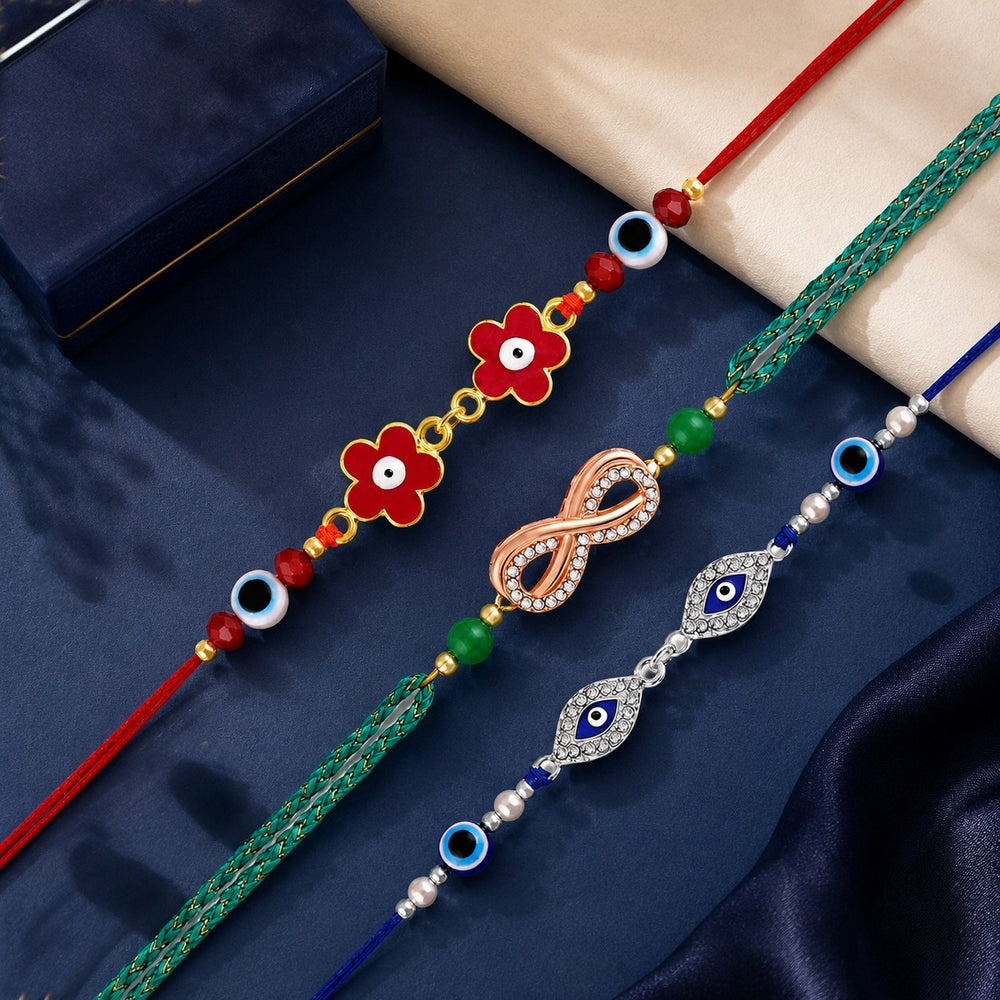 Floral, Infinity, Evil Eye Rakhi Combo