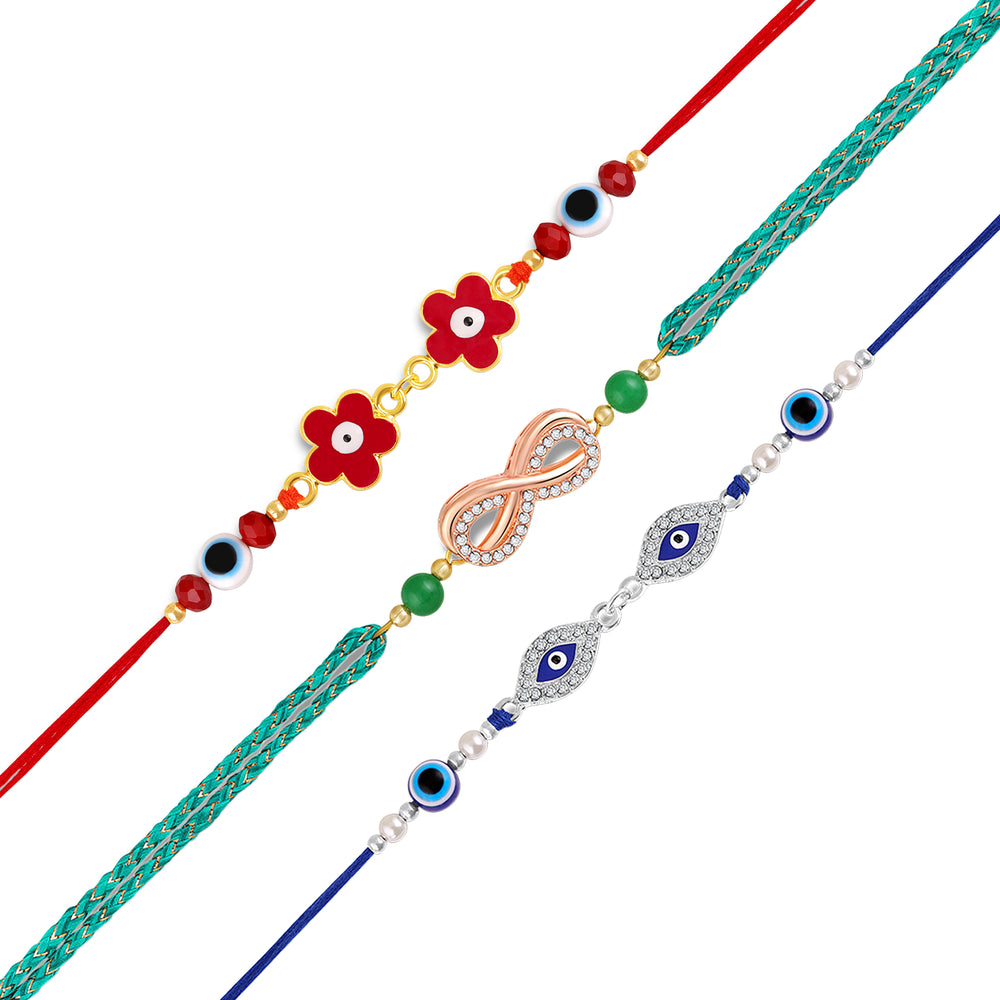Floral, Infinity, Evil Eye Rakhi Combo