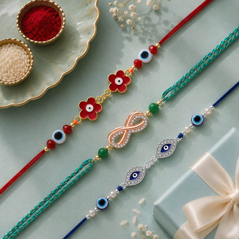 Floral, Infinity, Evil Eye Rakhi Combo