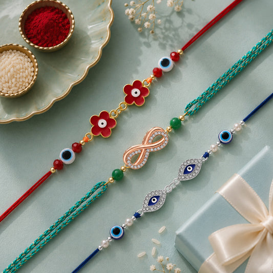 Floral, Infinity, Evil Eye Rakhi Combo