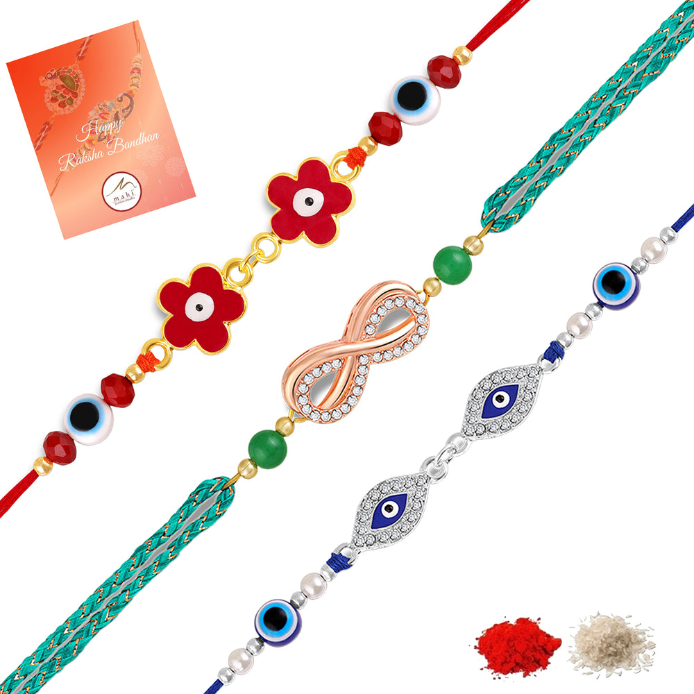 Floral, Infinity, Evil Eye Rakhi Combo