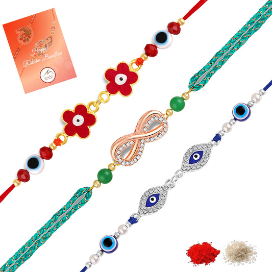 Floral, Infinity, Evil Eye Rakhi Combo