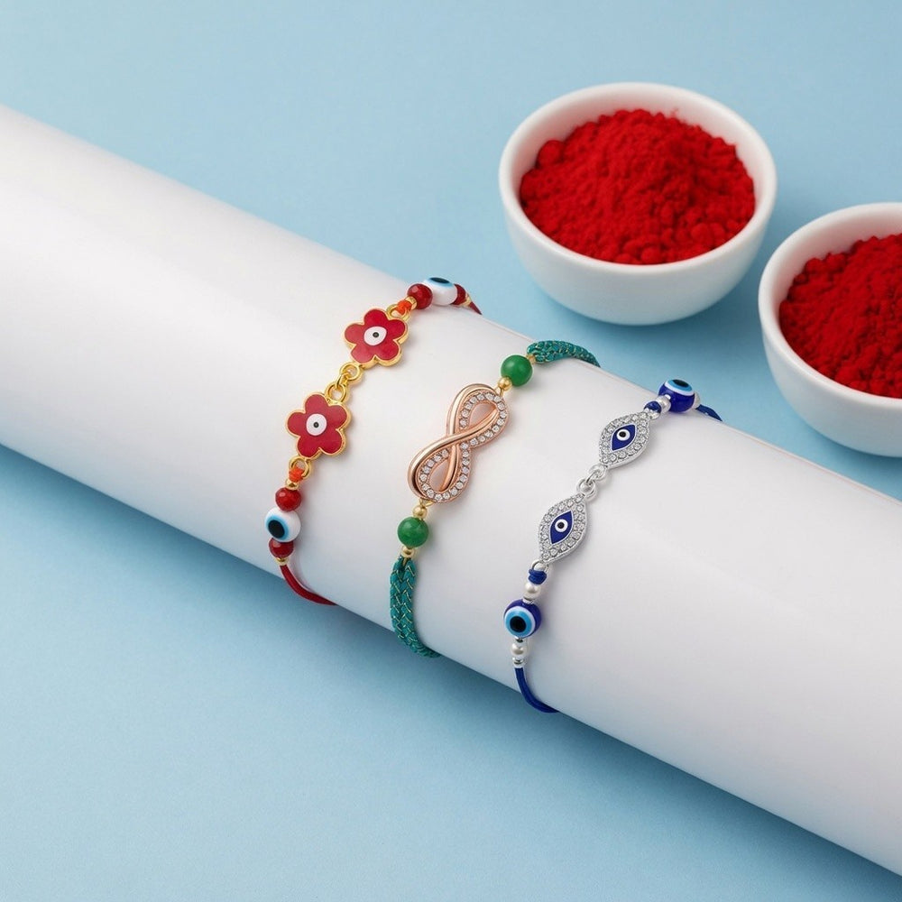 Floral, Infinity, Evil Eye Rakhi Combo