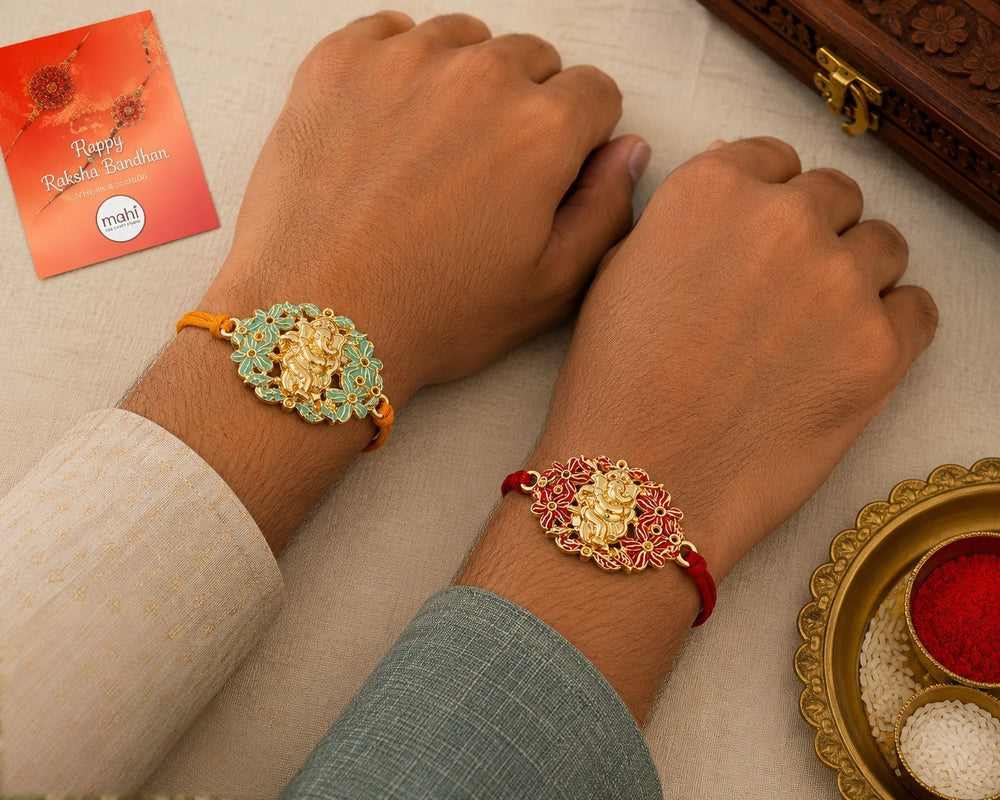 Divine Ganesha Floral Enamel Mens Rakhi Combo