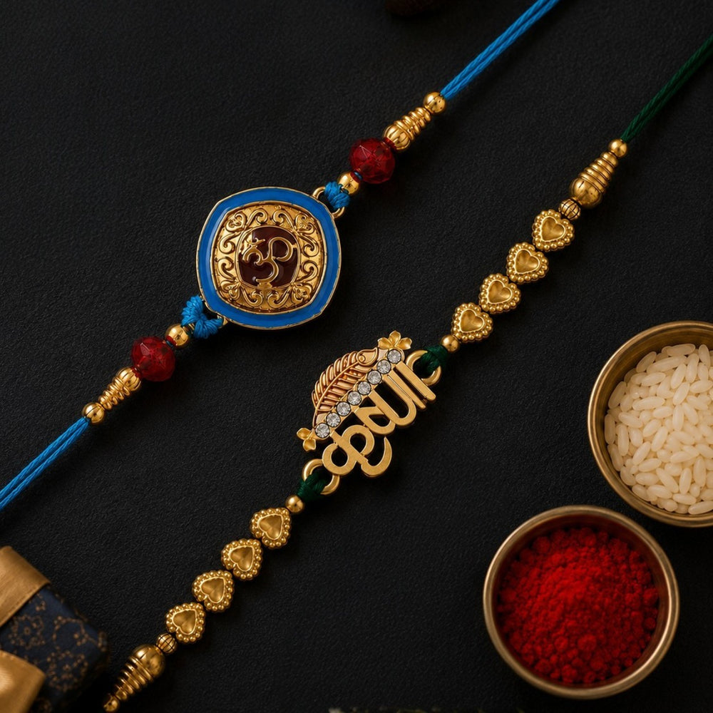 Mahi Combo of 2 Traditional Om and Krishna Engraved Rakhi for Brother (RCO1106021G)