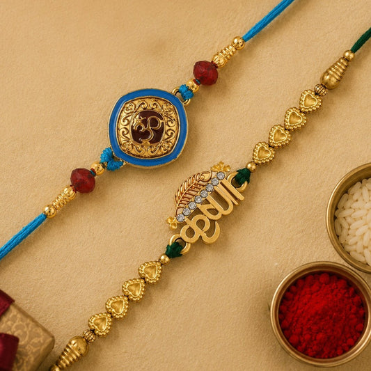 Mahi Combo of 2 Traditional Om and Krishna Engraved Rakhi for Brother (RCO1106021G)