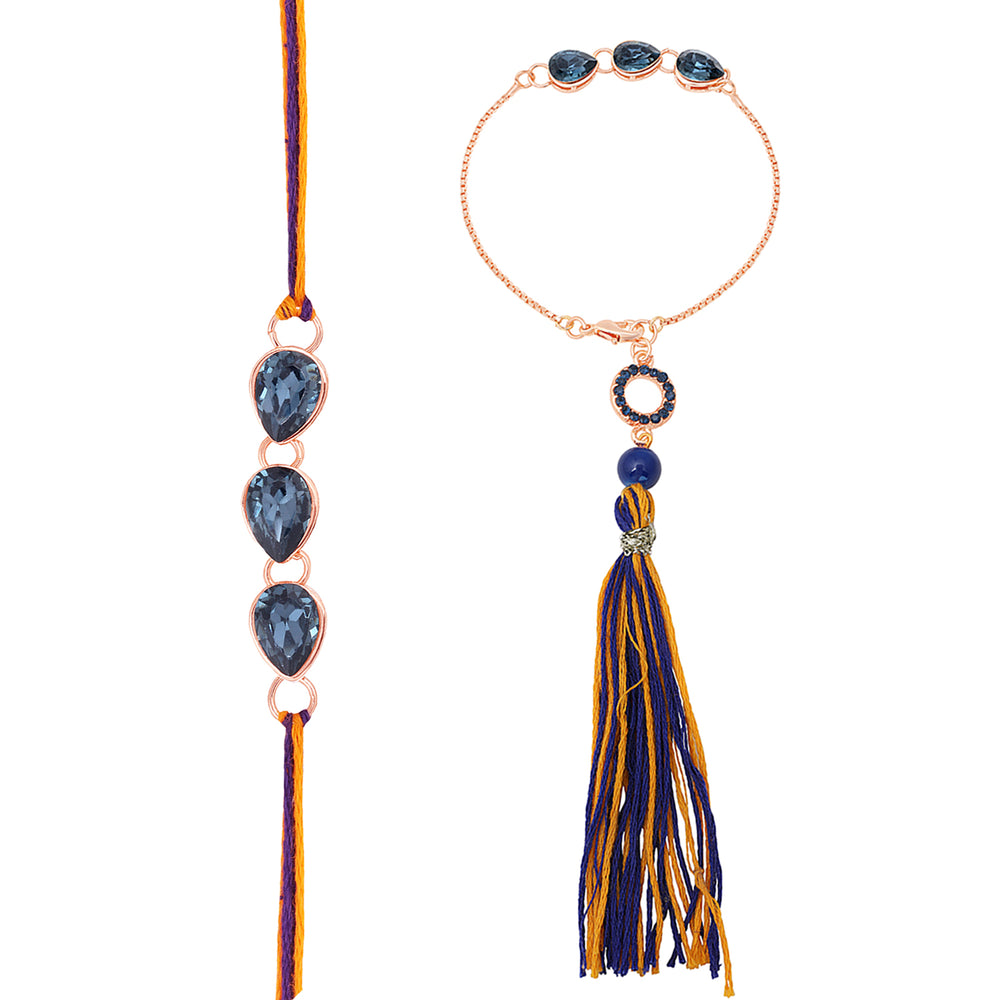 Water Drop Monatana Blue Crystal Couple Rakhi Combo for Bhai and Bhabhi