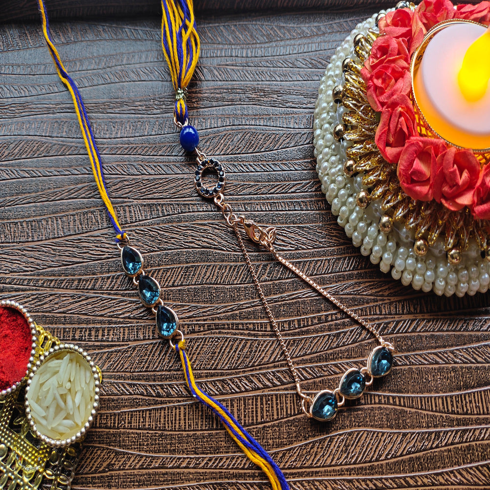 Water Drop Monatana Blue Crystal Couple Rakhi Combo for Bhai and Bhabhi