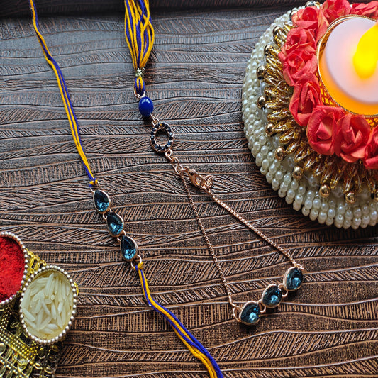 Water Drop Monatana Blue Crystal Couple Rakhi Combo for Bhai and Bhabhi