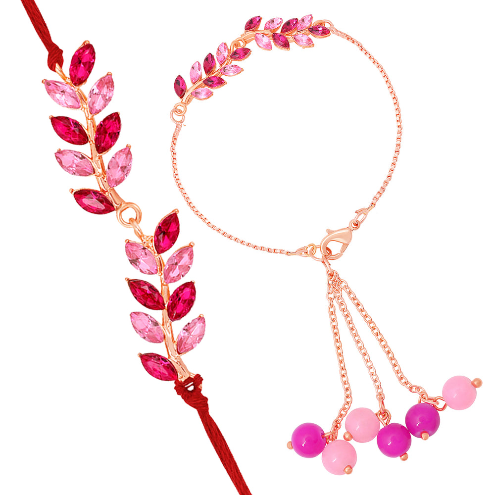 Leafe Shape Crystals Rakhi Combo for Bhaiya and Bhabhi