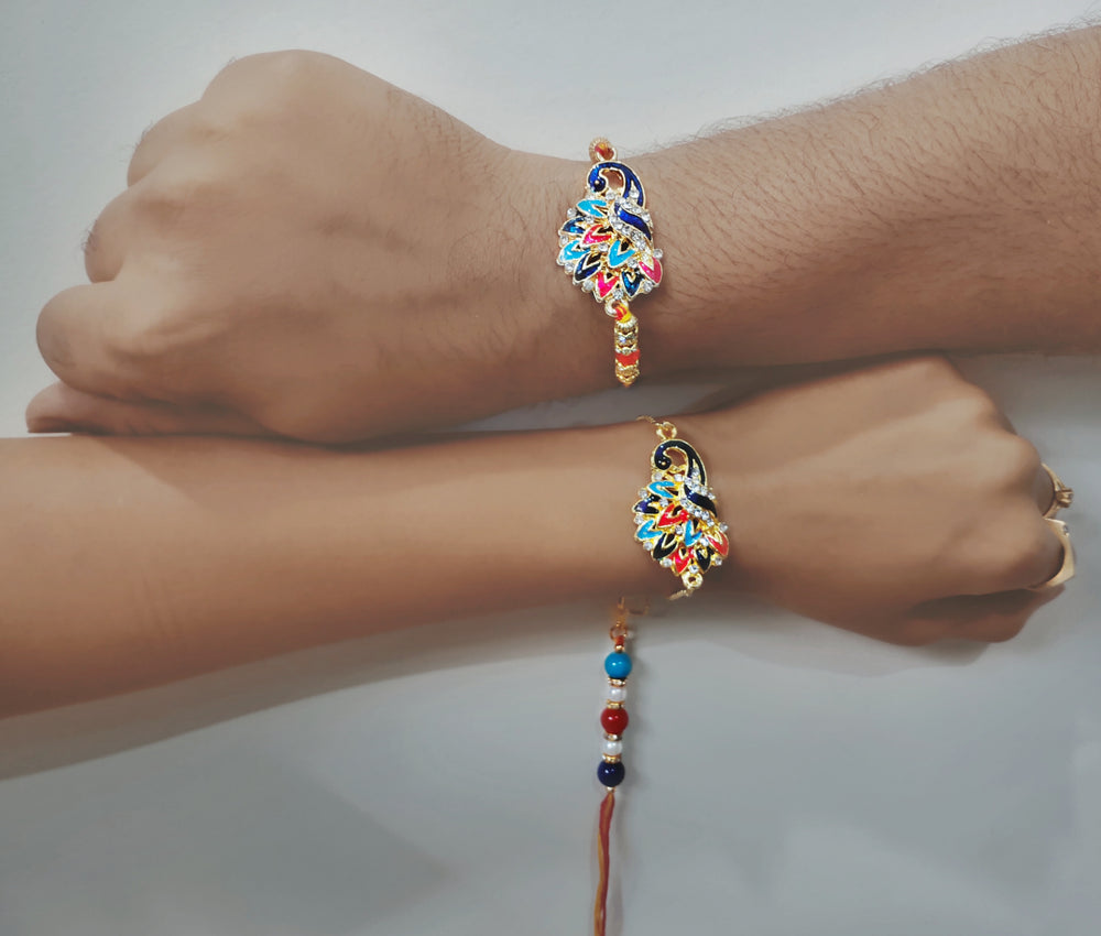 Peacock Shaped Meenakari Work Bhaiya Bhabhi Rakhi