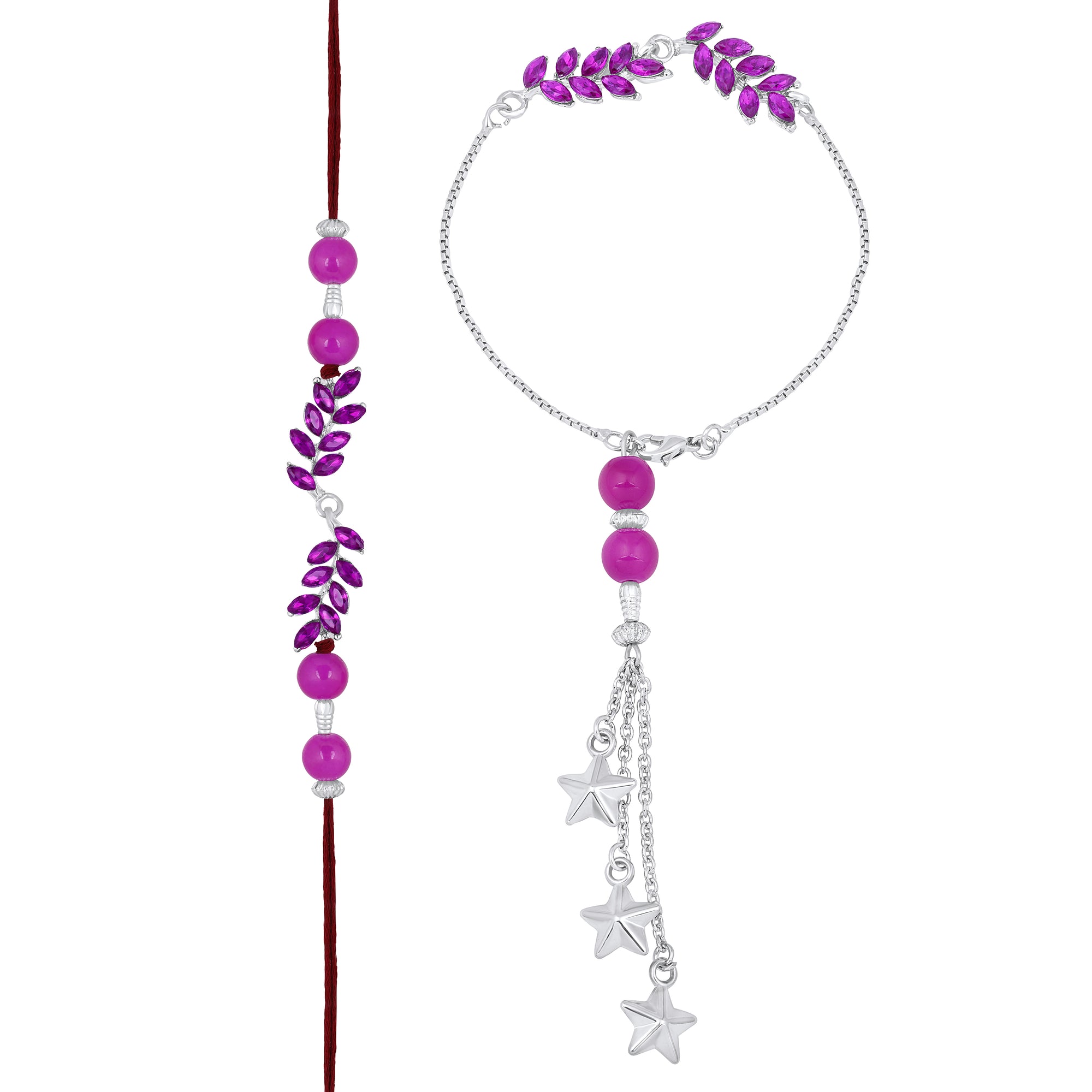 Leafy Shape Purple Crystal Studed Couple Rakhi