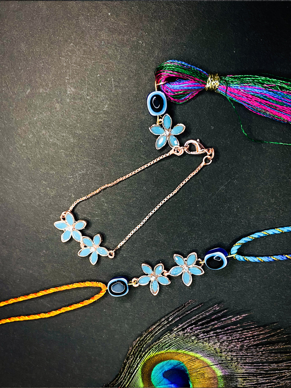 Blue Crystals Floral and Evil Eye Couple Rakhi