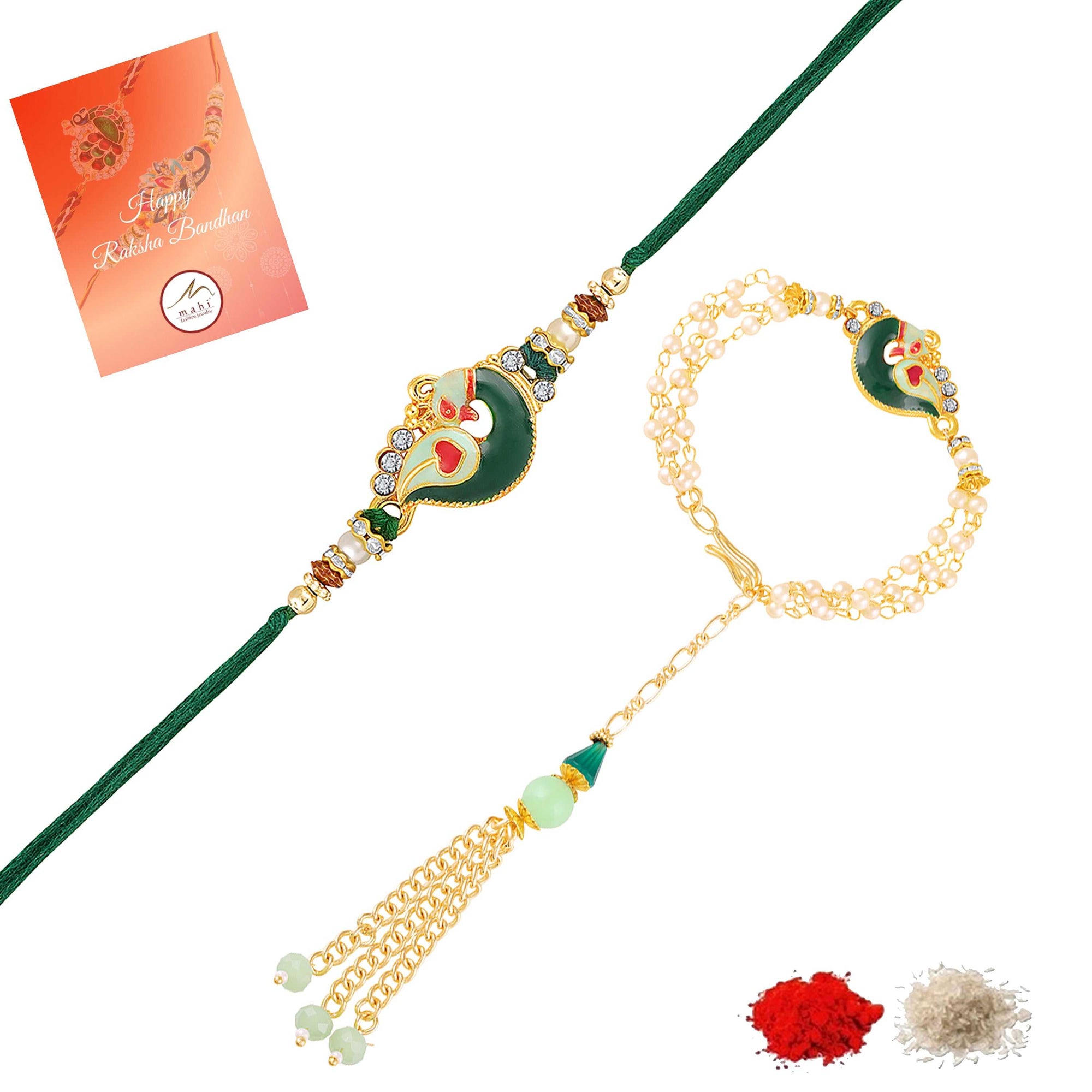 Peacock-Shaped Enamelled Couple Rakhi Set