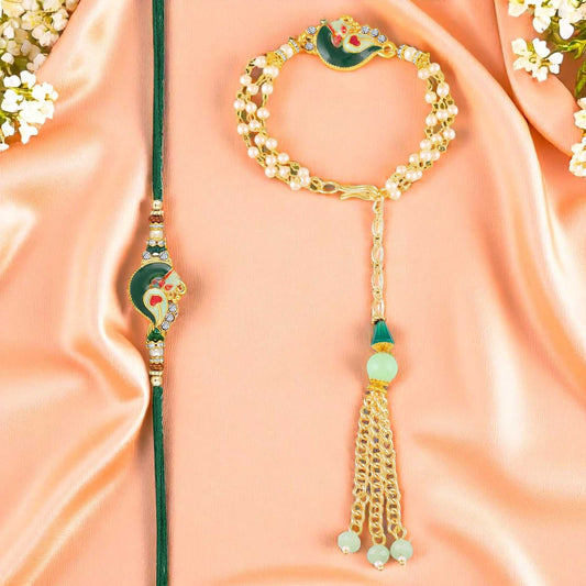 Peacock-Shaped Enamelled Couple Rakhi Set