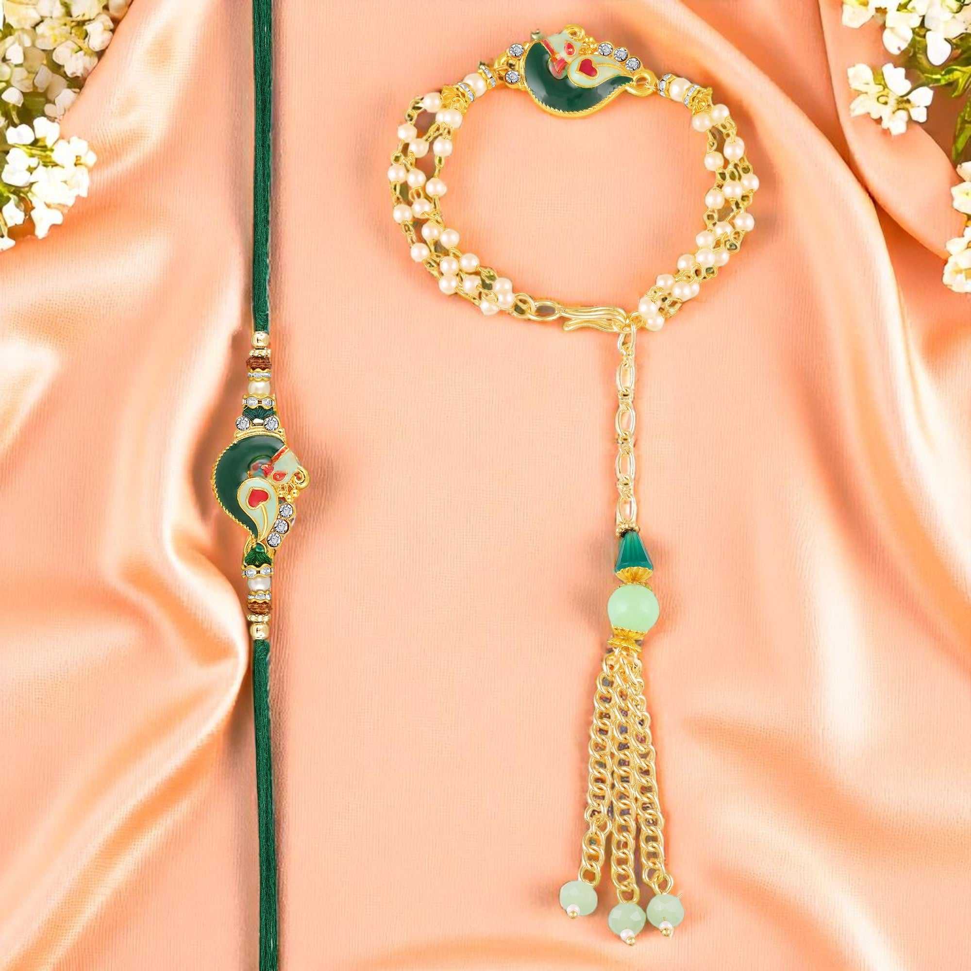 Peacock-Shaped Enamelled Couple Rakhi Set