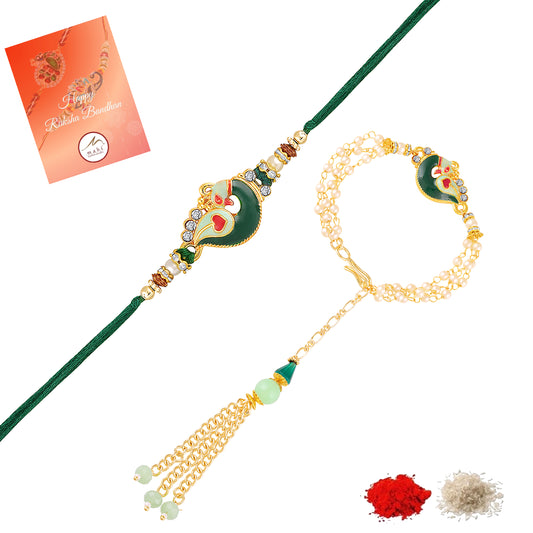 Peacock-Shaped Enamelled Couple Rakhi Set