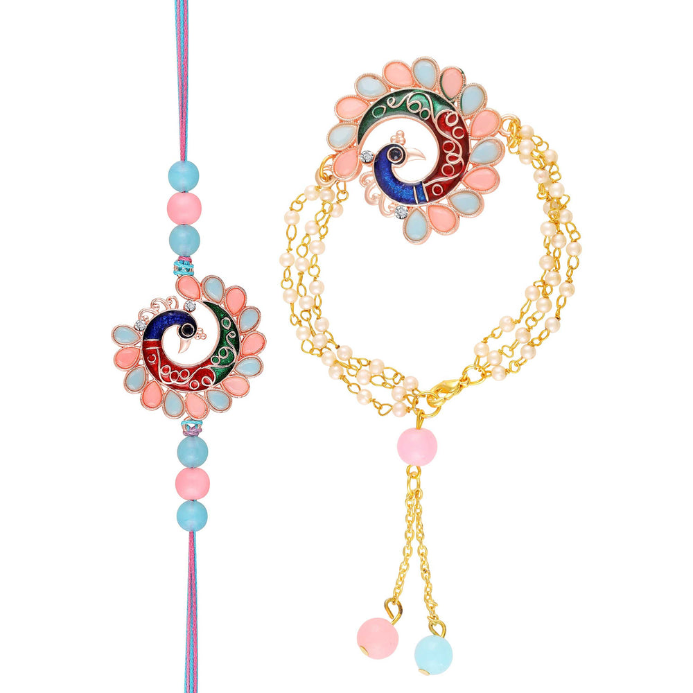 Colorful Peacock-Themed Couple Rakhi Set