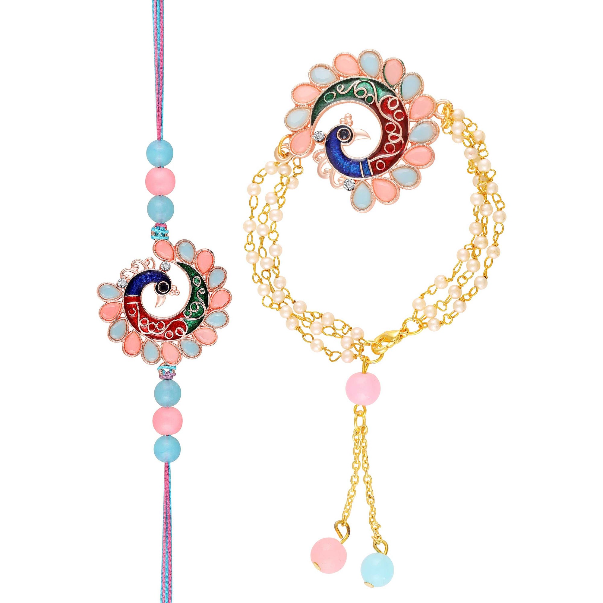 Colorful Peacock-Themed Couple Rakhi Set