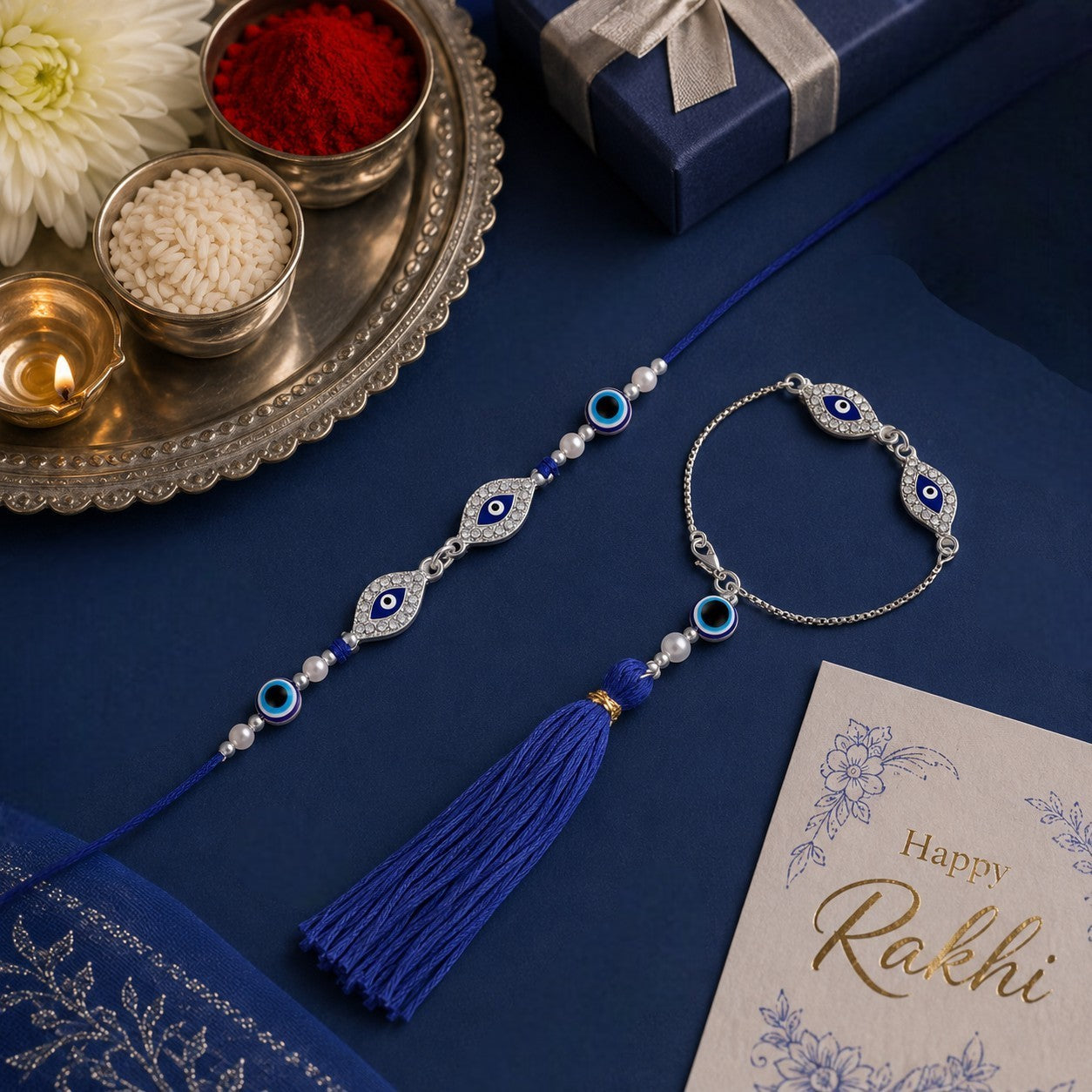 Evil Eye Bhaiya Bhabhi Couple Rakhi Set