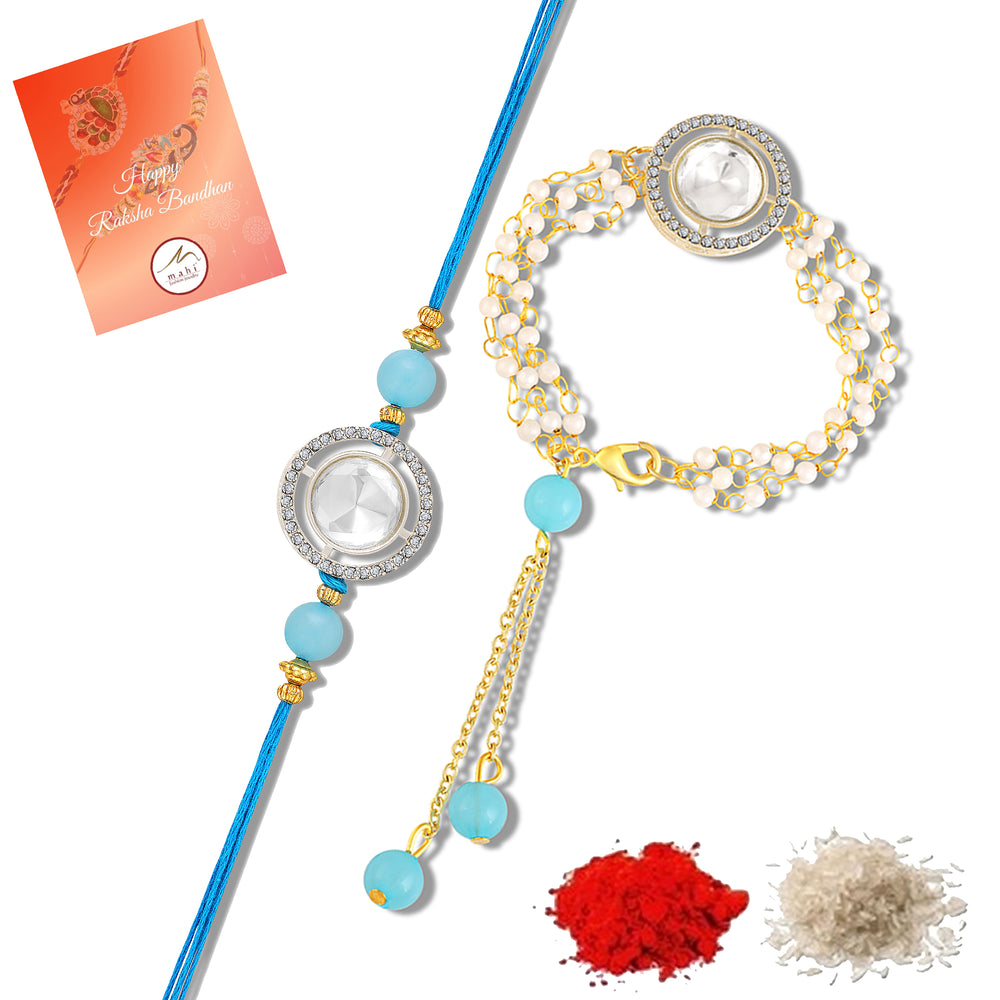 Aqua Blue Crystal Halo Couple Rakhi Set