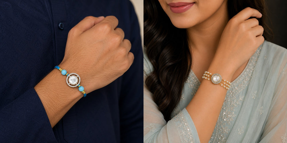 Aqua Blue Crystal Halo Couple Rakhi Set