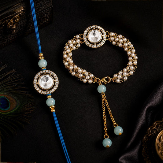 Aqua Blue Crystal Halo Couple Rakhi Set