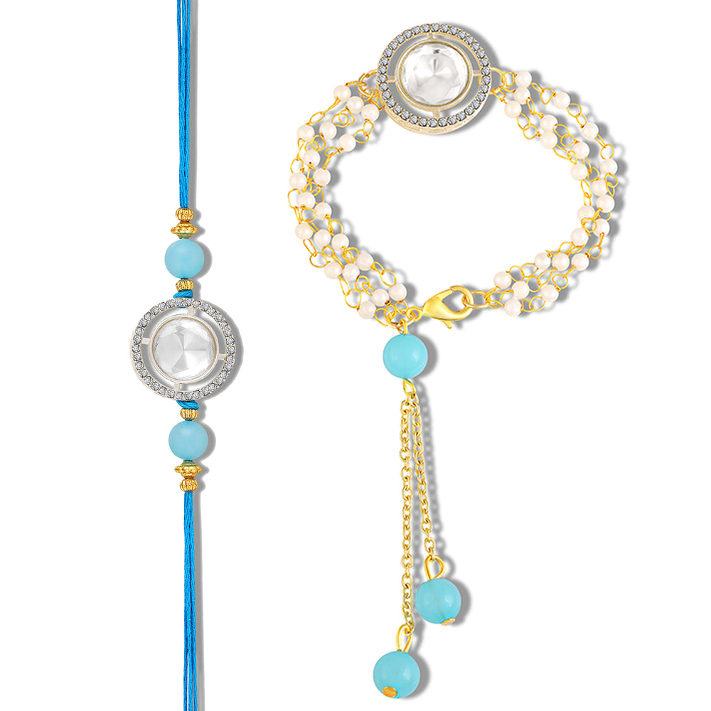 Aqua Blue Crystal Halo Couple Rakhi Set