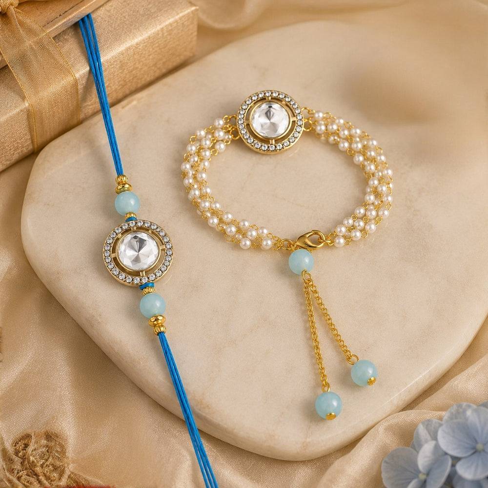 Aqua Blue Crystal Halo Couple Rakhi Set