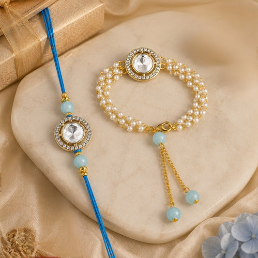 Aqua Blue Crystal Halo Couple Rakhi Set