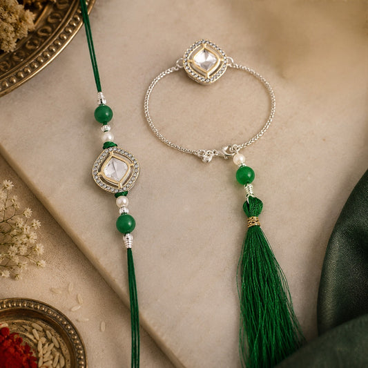 Elegant Emerald Green Couple Rakhi Set