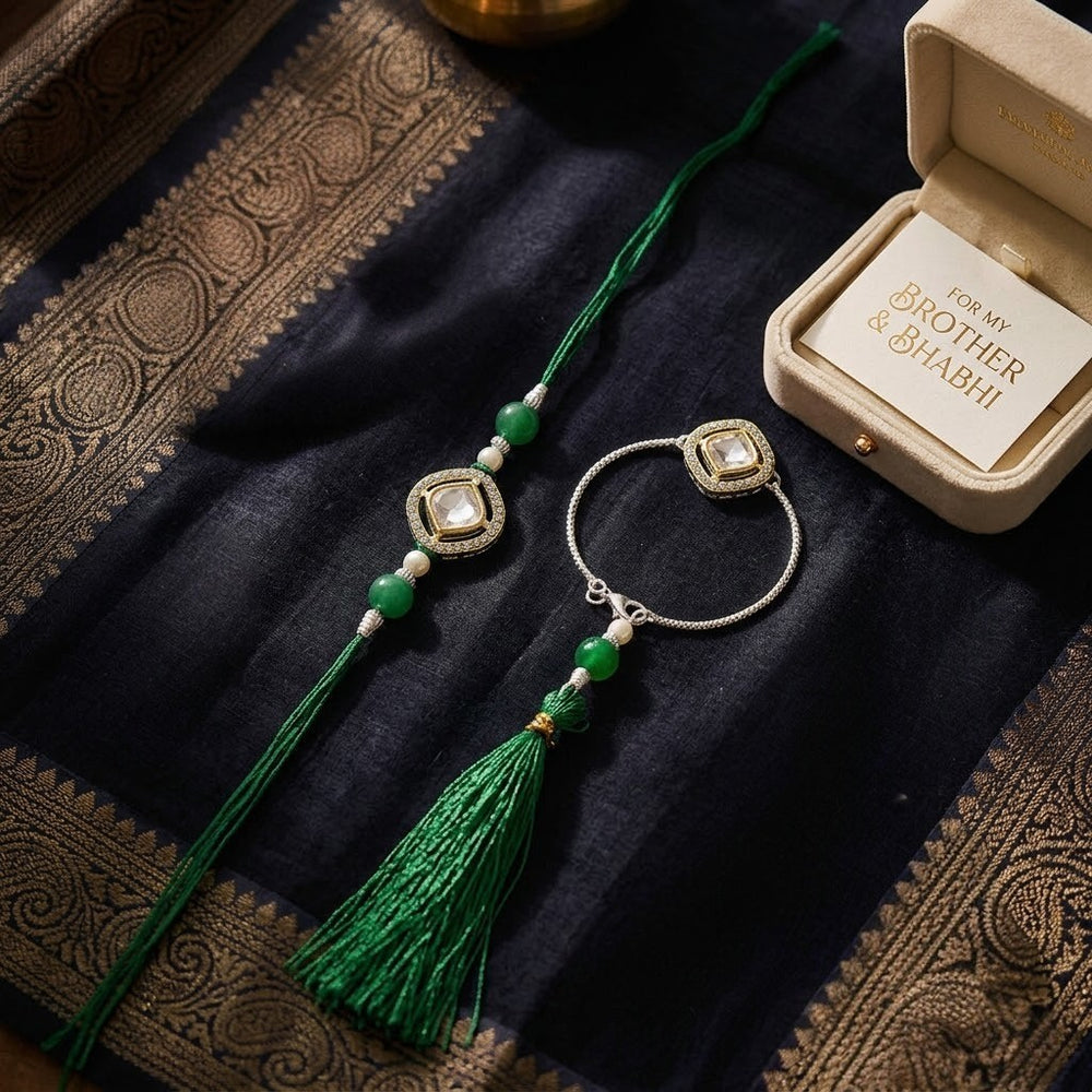 Elegant Emerald Green Couple Rakhi Set