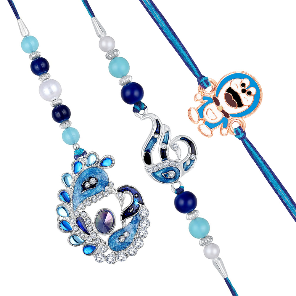 Combo of Peacock Shaped and Cartoon Meenakari Work Bhaiya Bhabhi Bhatija Rakhi