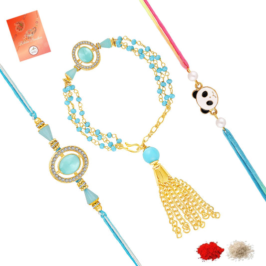 Blue Artificial Pearls Studded Combo of Bhaiya Bhabhi and Bhatija Rakhi Set