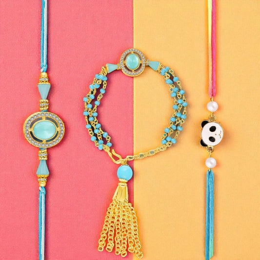 Blue Artificial Pearls Studded Combo of Bhaiya Bhabhi and Bhatija Rakhi Set