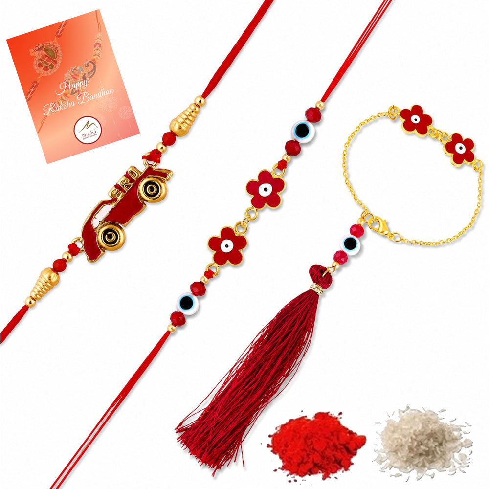 Red Car Floral Evil Eye Bhaiya Bhabhi Bhatija Rakhi Combo