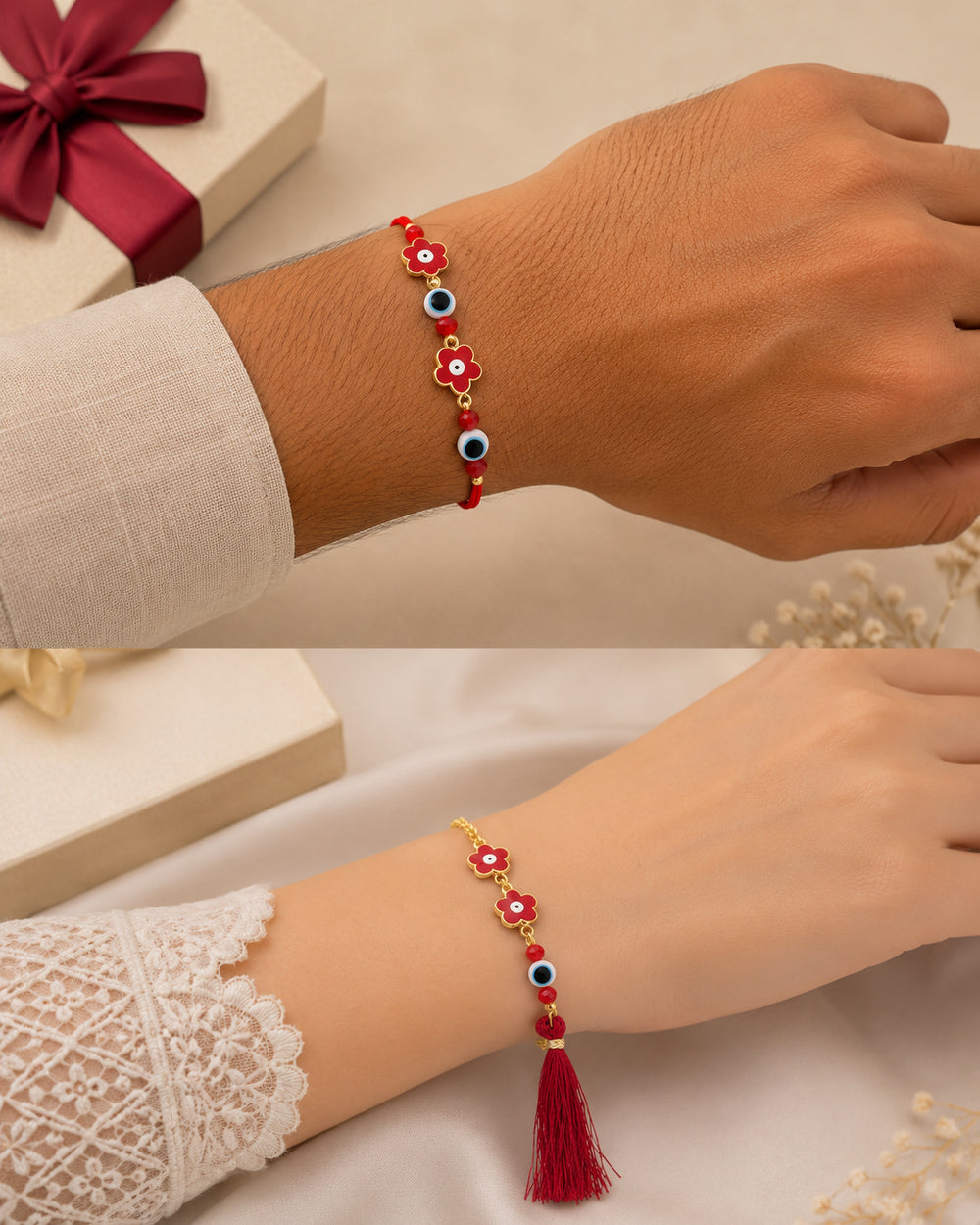 Red Car Floral Evil Eye Bhaiya Bhabhi Bhatija Rakhi Combo
