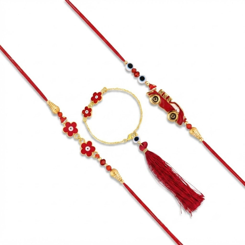 Red Car Floral Evil Eye Bhaiya Bhabhi Bhatija Rakhi Combo