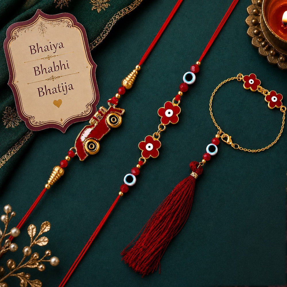 Red Car Floral Evil Eye Bhaiya Bhabhi Bhatija Rakhi Combo
