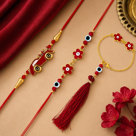 Red Car Floral Evil Eye Bhaiya Bhabhi Bhatija Rakhi Combo